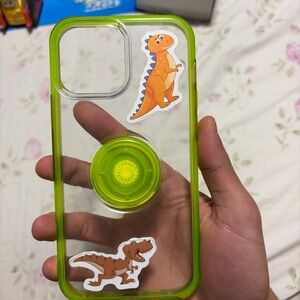 iPhone 12 Pro Max Clear Green Case w/ PopSocket & Dinosaur Stickers.